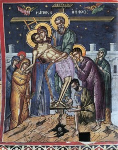 Снятие со Креста. Фреска монастыря Дионисиат, Афон. Сер. XVI в.