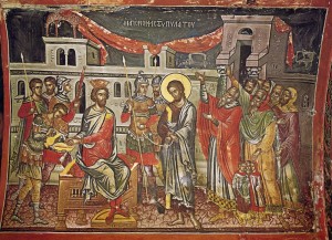 Христос перед Пилатом. Фреска работы Феофана Критского, монастырь Ставроникита, Афон